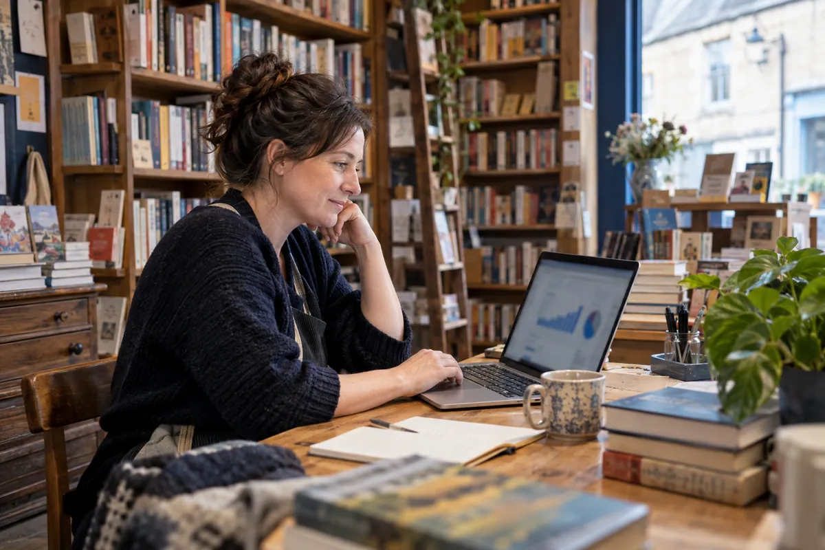 Bookshop owner reviewing a laptop at a desk beside bookshelves
