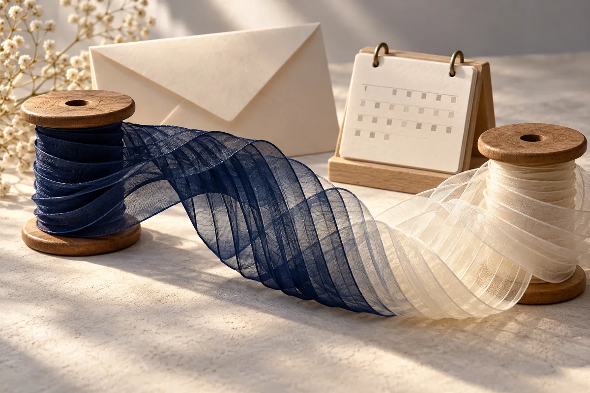 A navy organza ribbon connects two wooden spools beside an envelope and calendar block.