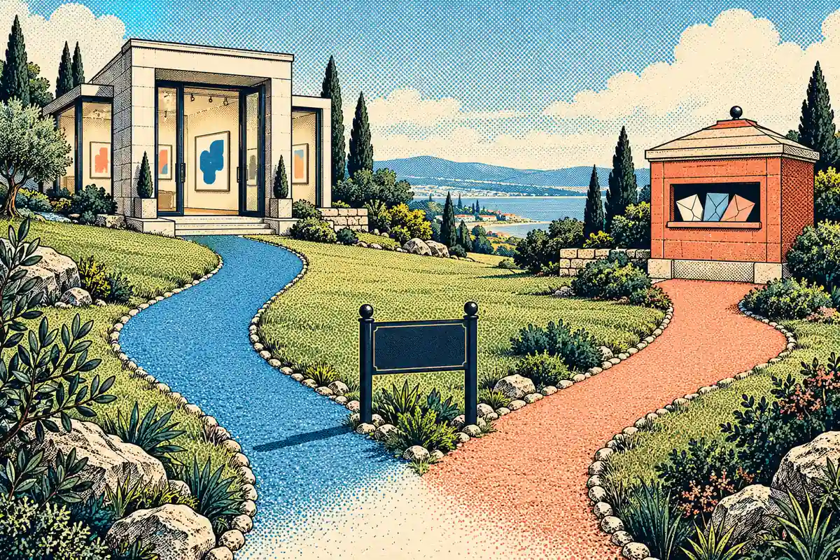 A dotted comic illustration shows separate blue and coral paths leading to an art gallery and a mail box.