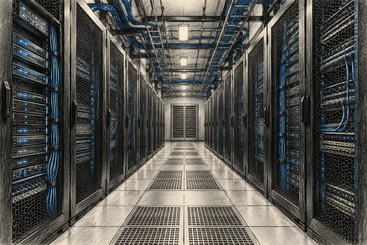 Charcoal drawing of server cabinets and cables along an equipment aisle
