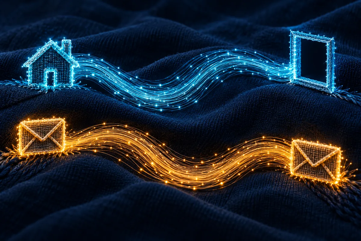 Blue illuminated fibres connect a house and window, while a separate amber path connects two envelope shapes.