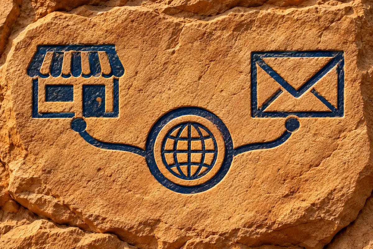 Carved symbols of a shop and an envelope have separate paths across a warm sandstone panel.