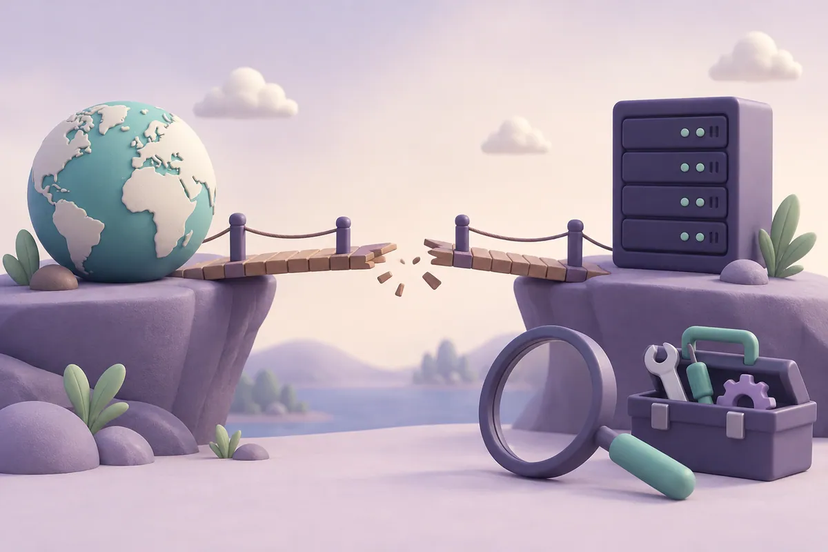 A disconnected bridge between a globe and server beside diagnostic tools.