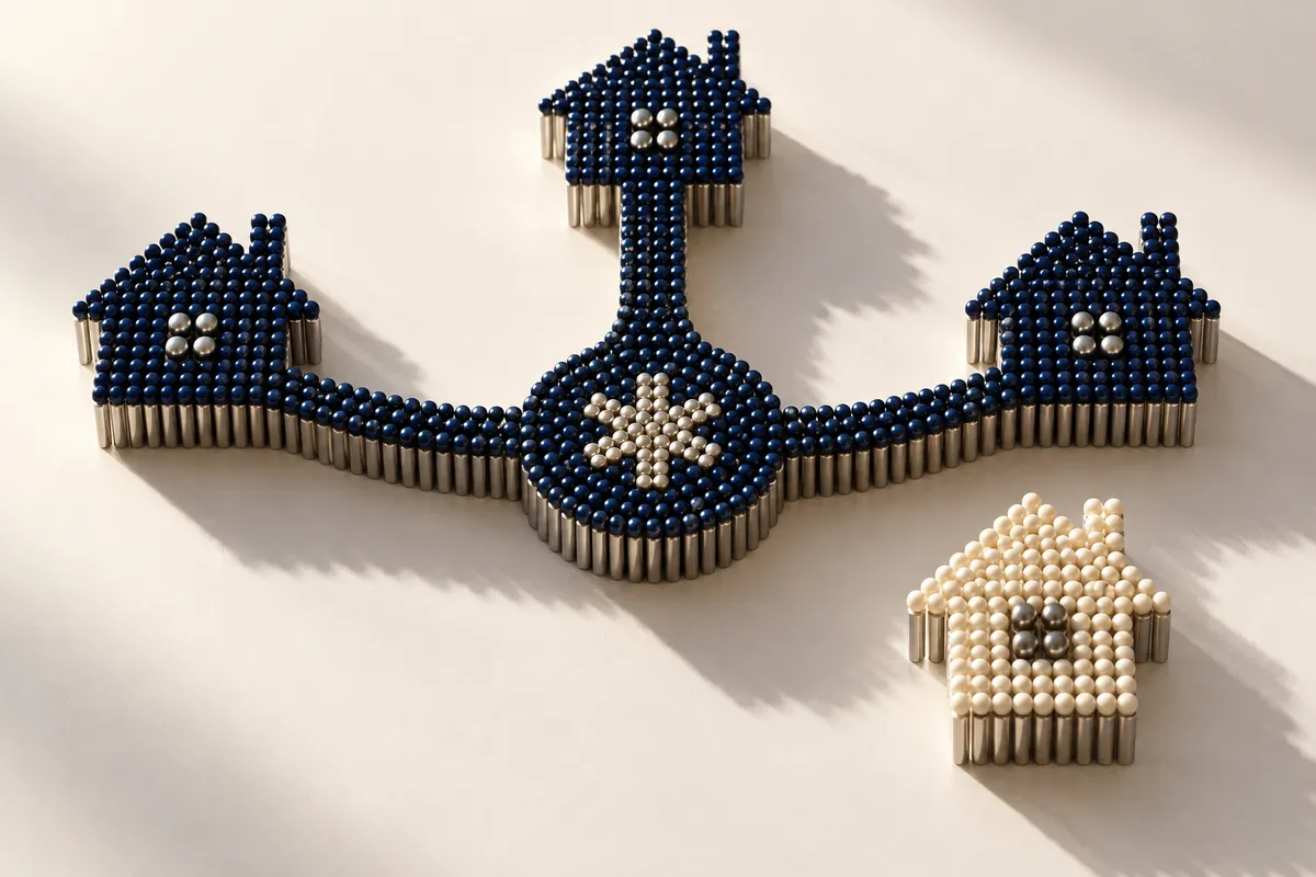 A metal pin-art branching motif connects three navy houses beside a separate cream house.