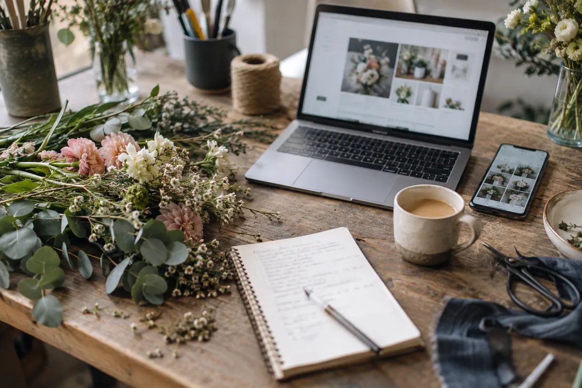 Flowers, a notebook, a laptop and a phone on a florist’s planning desk
