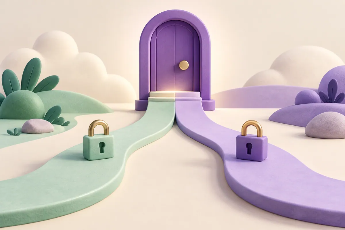 Two paths with padlocks merge into one doorway, representing alternate website addresses.