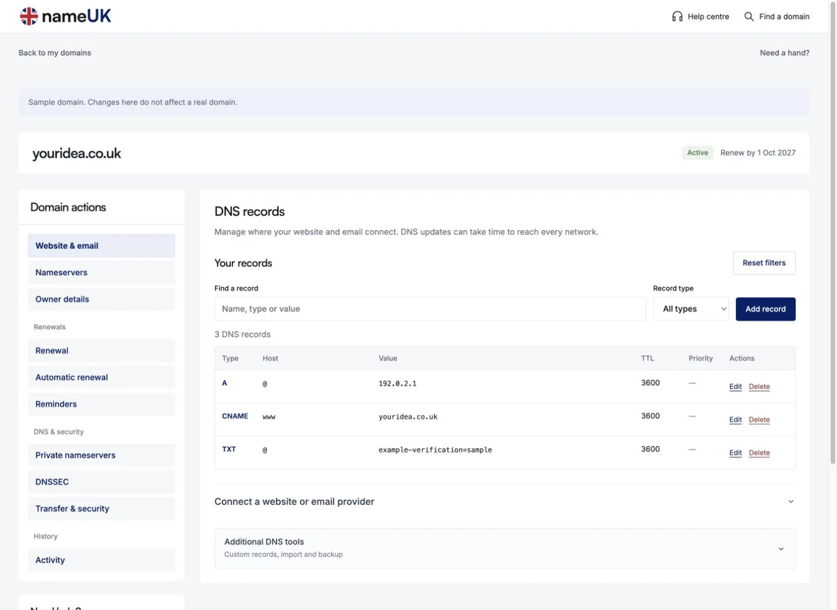 NameUK’s domain page with a DNS records table and simple Add, Edit and Delete controls for an example domain.