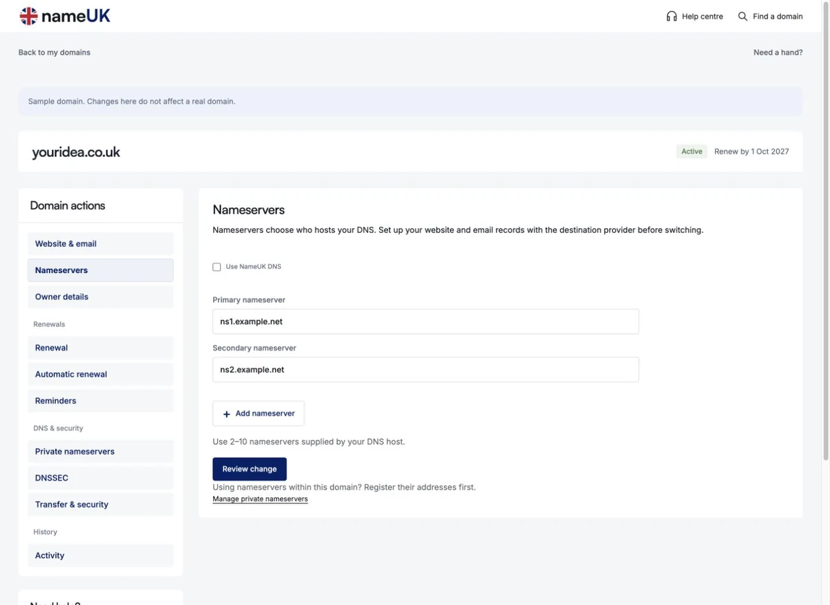 NameUK’s nameserver editor showing separate primary and secondary fields and an Add nameserver button with example values.